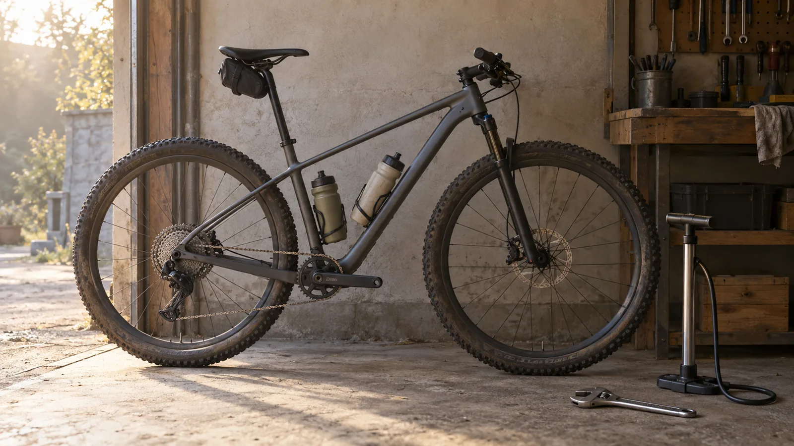 VTT cross-country posé dans un atelier au petit matin avec bidons, sacoche de selle et pompe à pied, sans aucune inscription