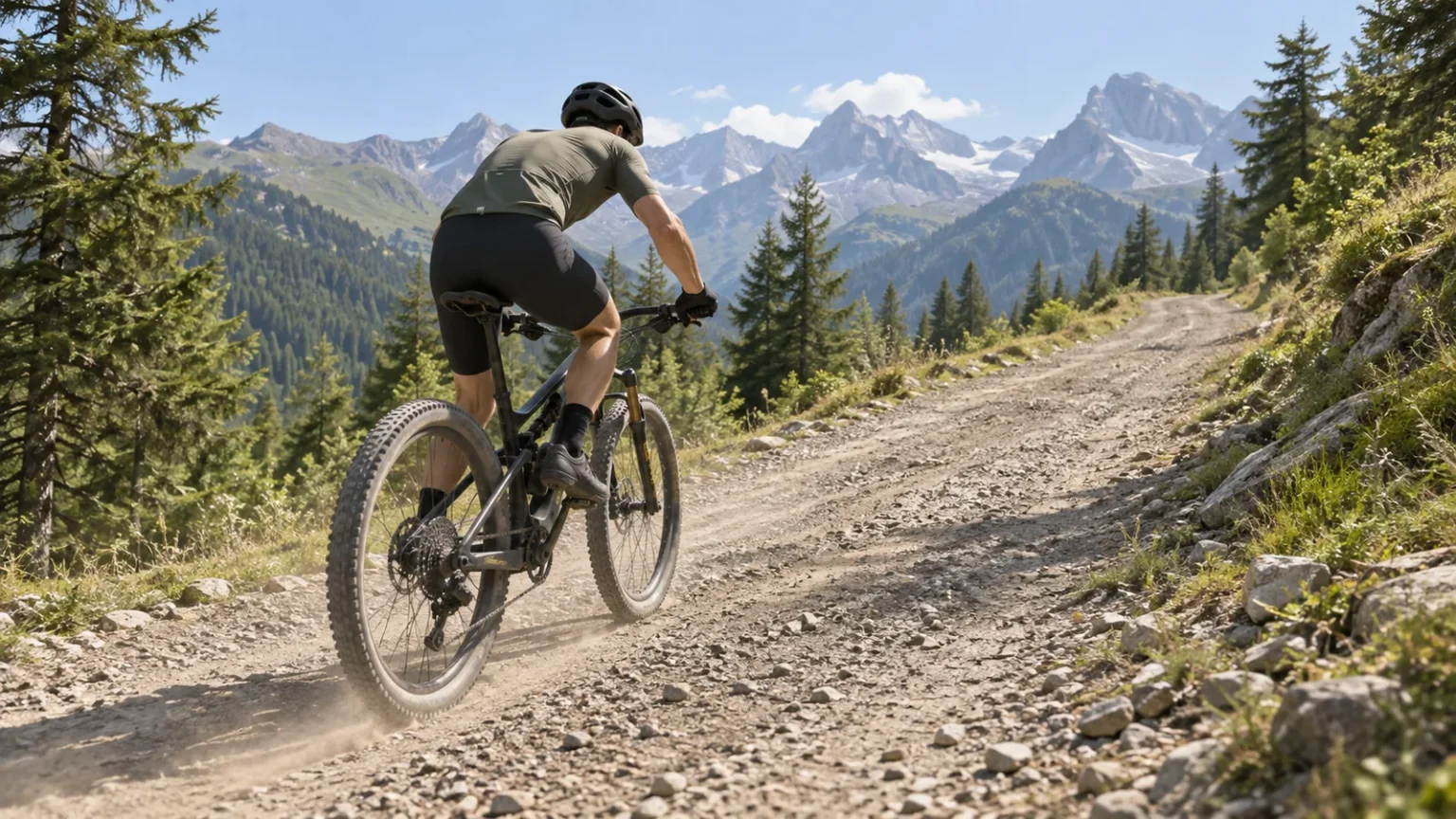 Coureur de VTT marathon seul sur une longue montée de piste forestière, vélo XC tout suspendu, sans logo ni inscription visible
