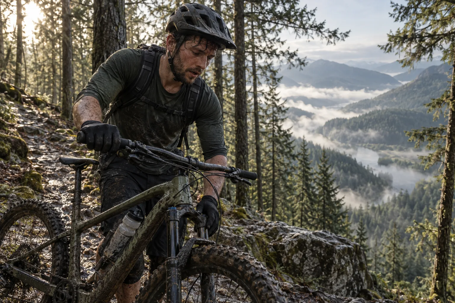 Pilote de VTT arrêté en haut d'une montée en forêt, essoufflé, la main tendue vers un bidon