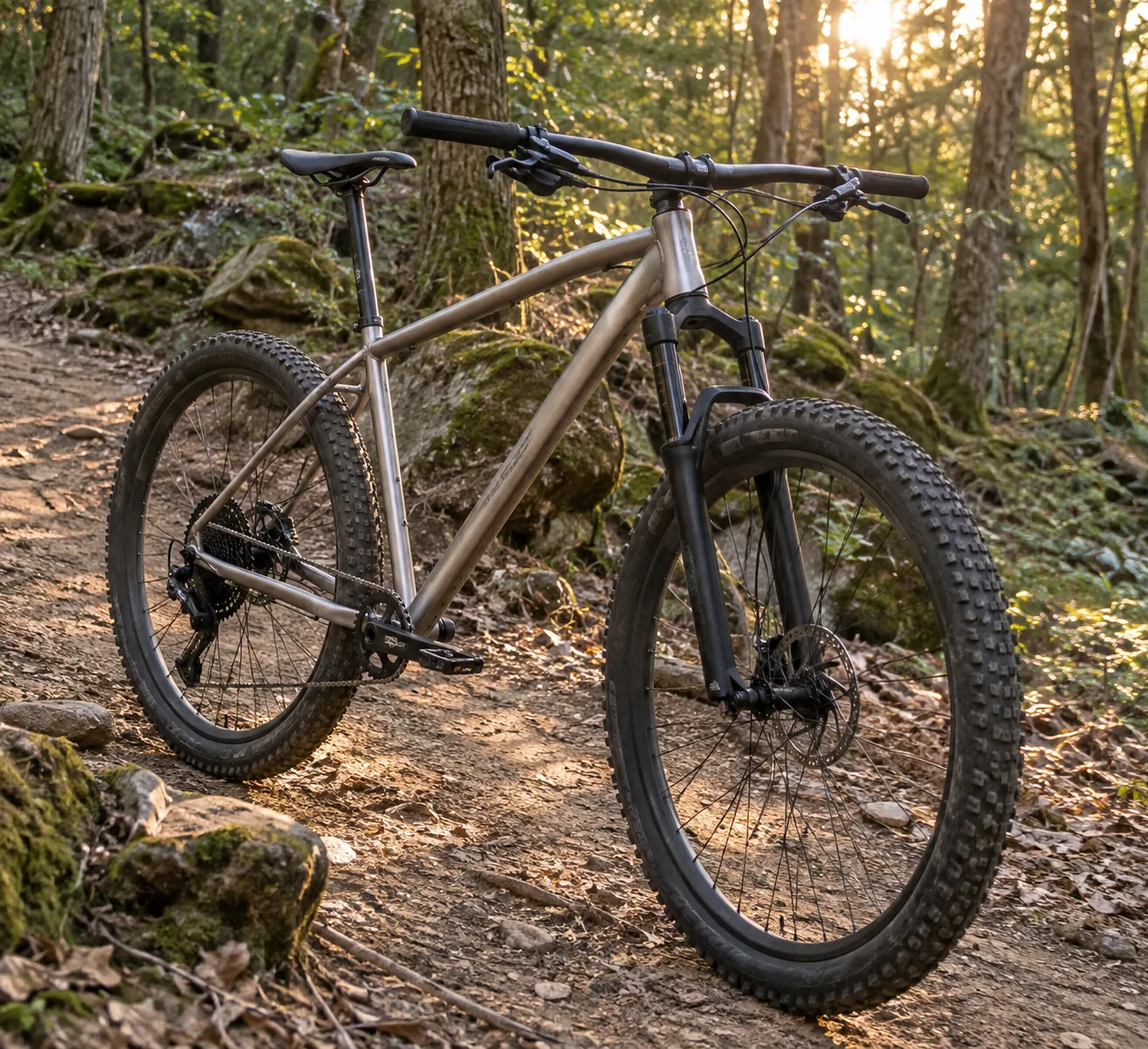 VTT semi-rigide à cadre titane brut brossé posé sur un sentier de sous-bois, vu de trois quarts avant, pneus à crampons et fourche suspendue noire