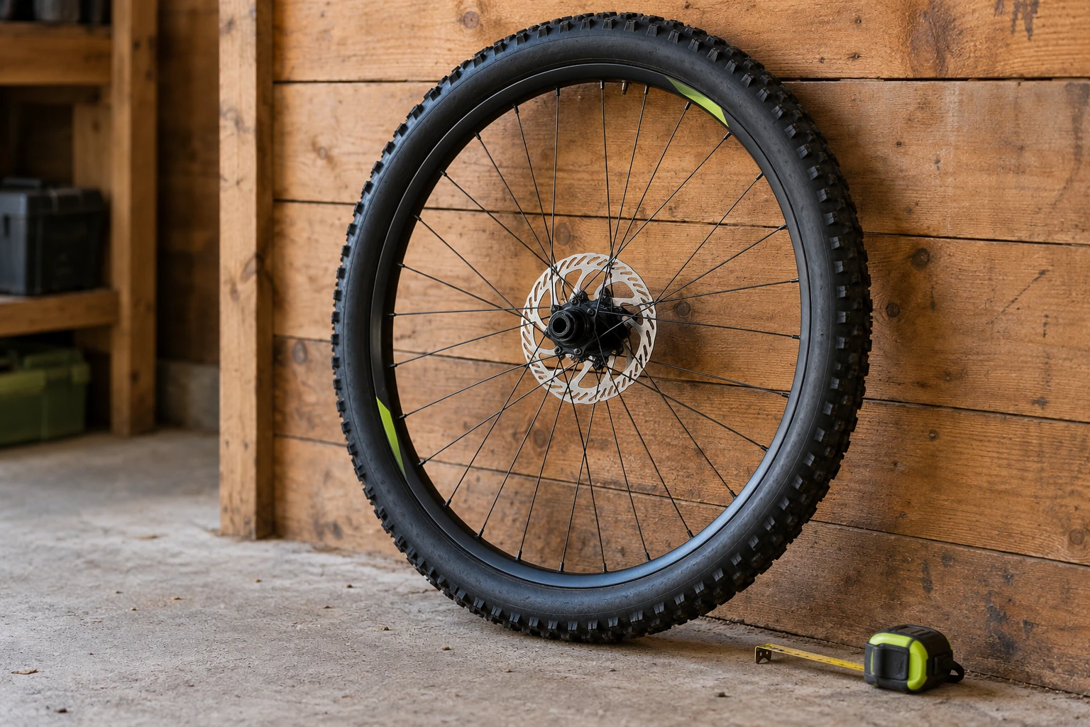 Roue de vélo VTT appuyée contre un mur en bois, mètre ruban au sol