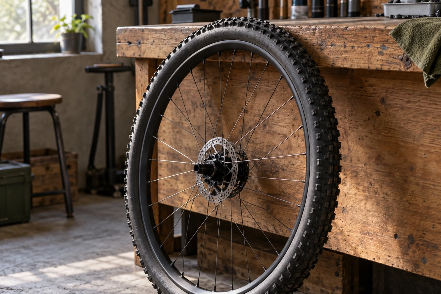Roue de VTT posée contre établi en bois dans atelier lumineux, pneu cranté visible