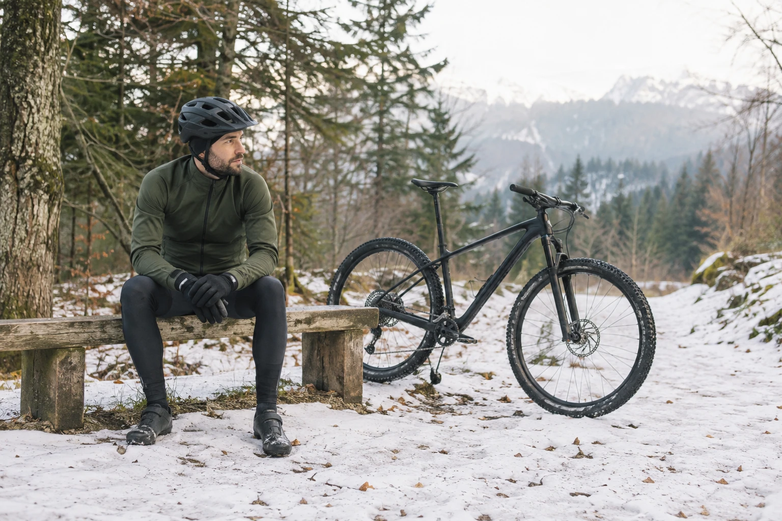 Cycliste en tenue hivernale assis sur banc en bois, VTT noir posé à côté