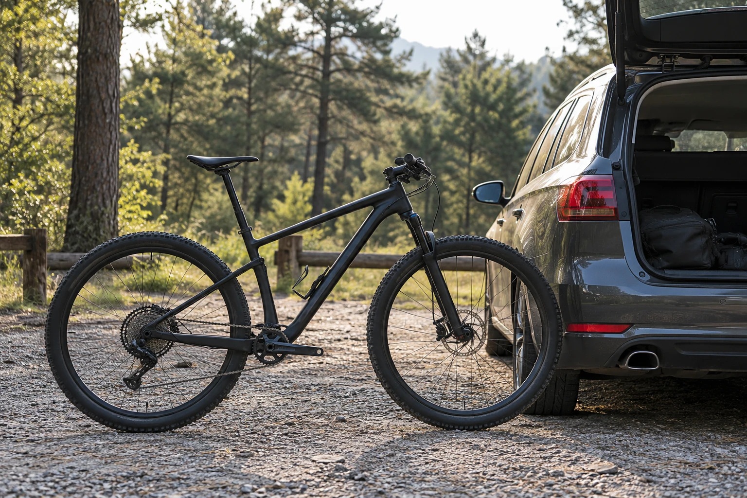 VTT noir appuyé contre une voiture grise avec coffre ouvert en forêt au crépuscule
