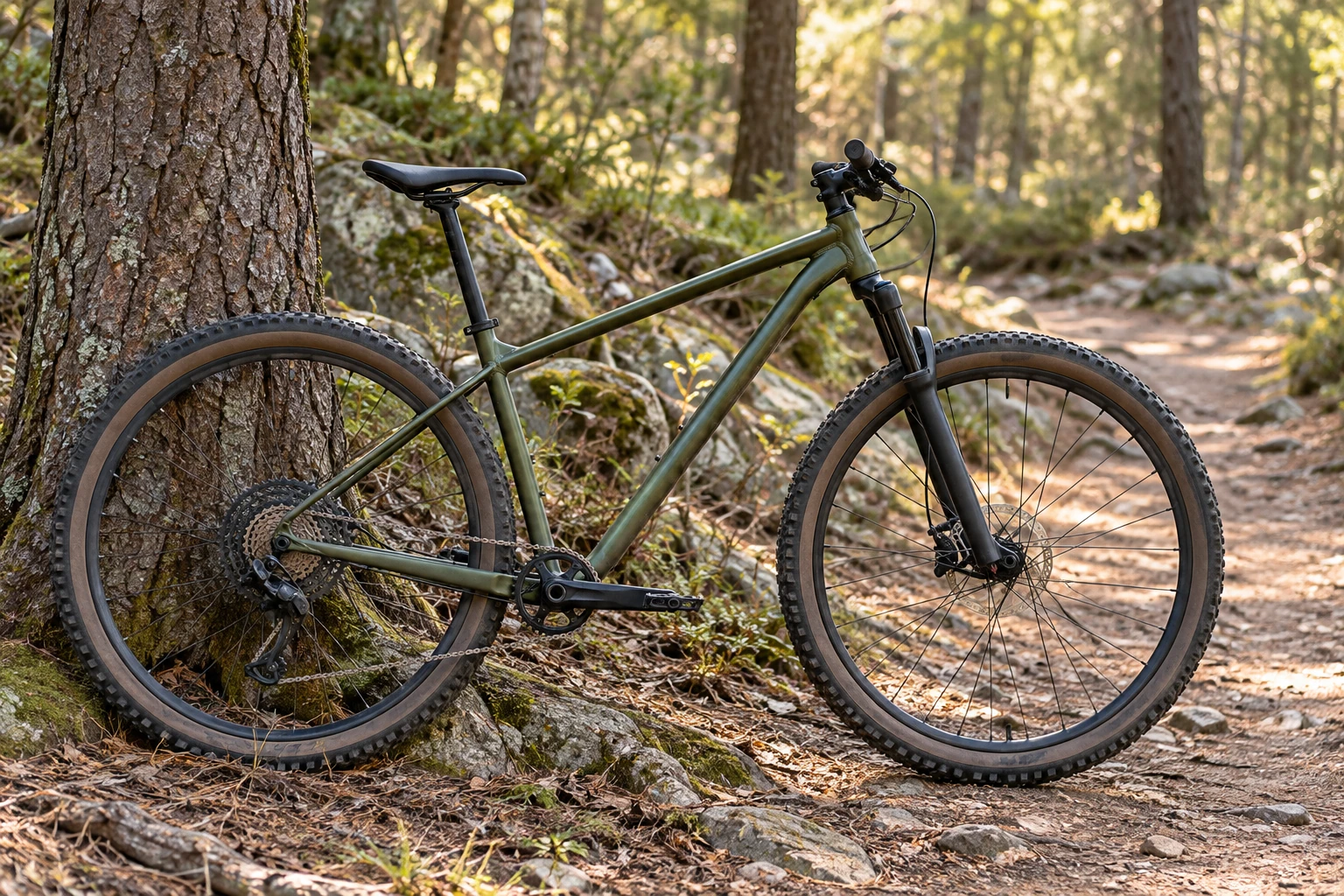 Vélo tout‑terrain VTT vert appuyé contre un arbre sur un sentier forestier éclairé